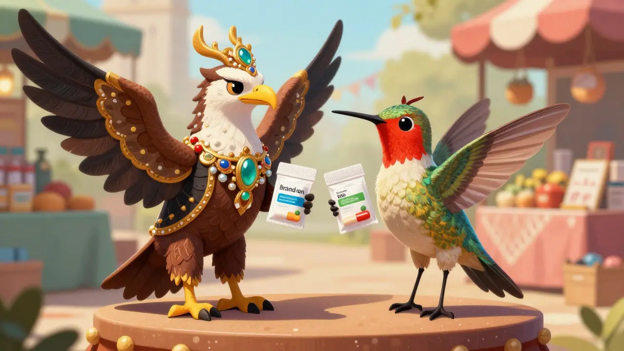 Two vibrant Alebrije creatures comparing brand and generic medicine packets