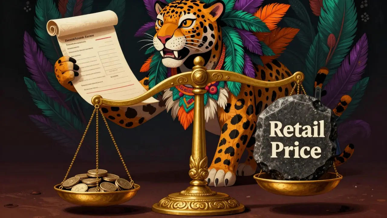 Vibrant Alebrije jaguar holding a prescription scroll next to a scale showing huge savings on medication costs.