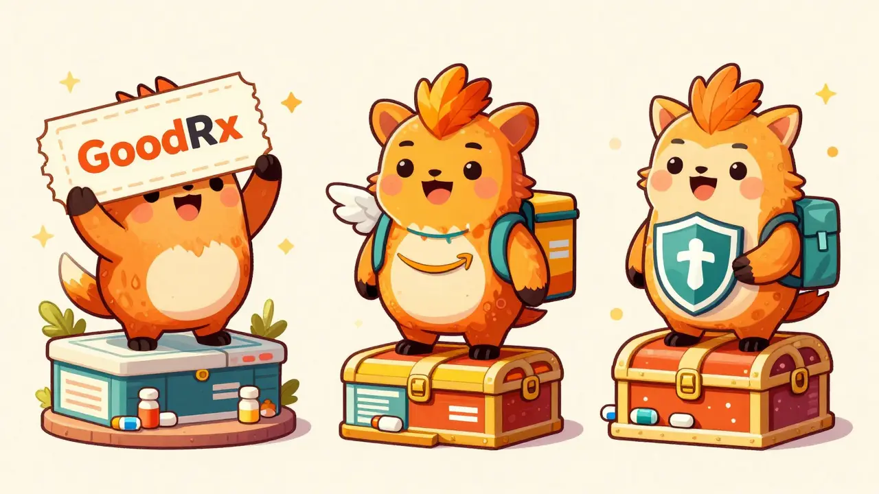 Whimsical animal characters representing trusted online pharmacies and discount coupons.