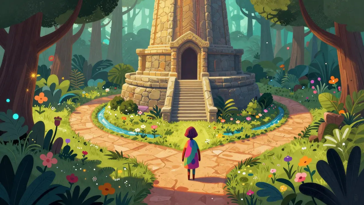 Whimsical creature choosing between a temple path and a garden path in Alebrije art style.