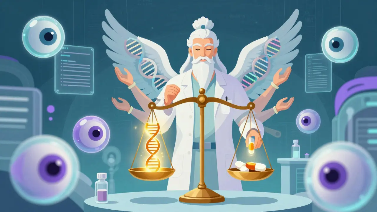 Wise pharmacist deity balancing genes and pills with AI helpers