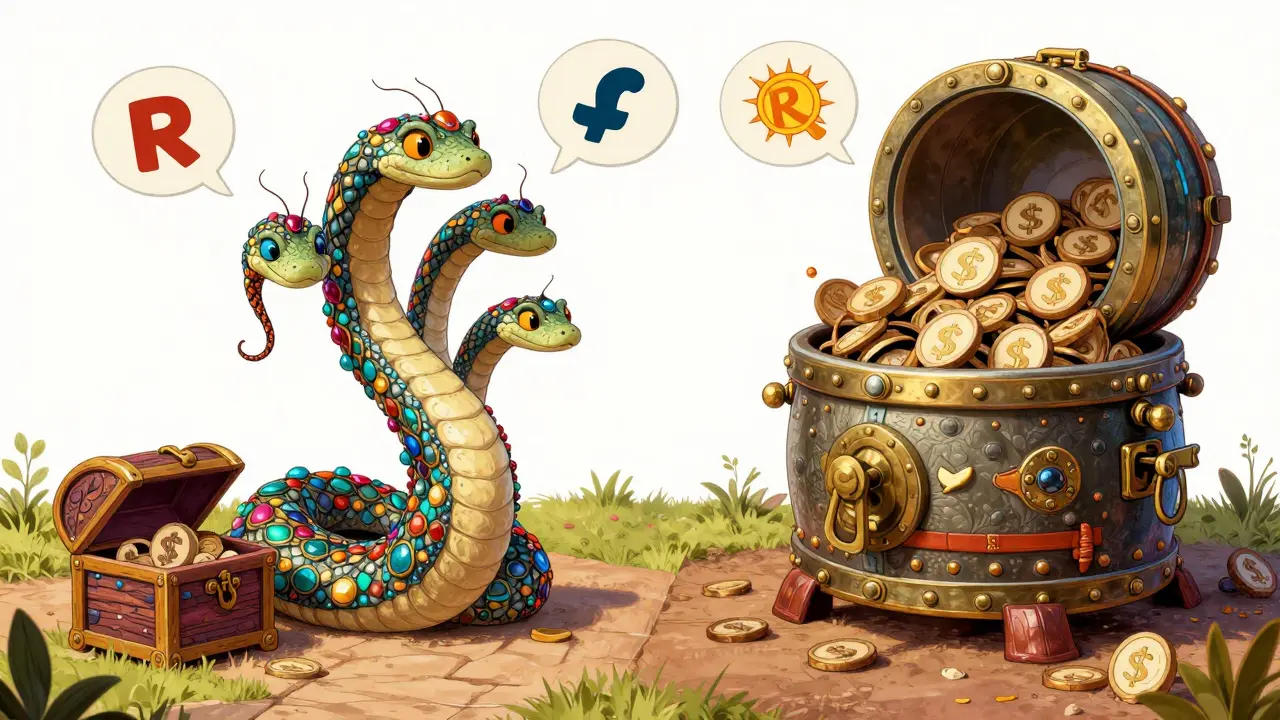 A mythical serpent balancing high and low settlement outcomes in alebrije style