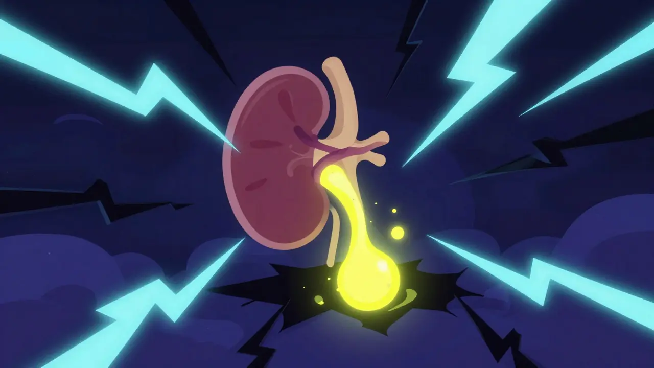 Abstract illustration of potassium leaking from a vessel with electric lightning bolts