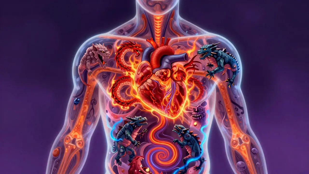 Alebrije art showing psoriasis affecting heart and joints