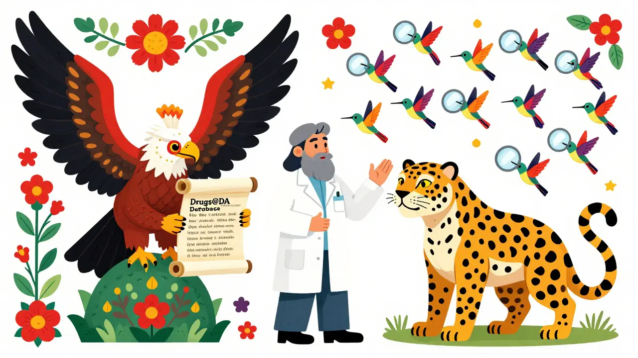 Alebrije illustration comparing an eagle and hummingbirds as metaphors for different FDA drug databases.