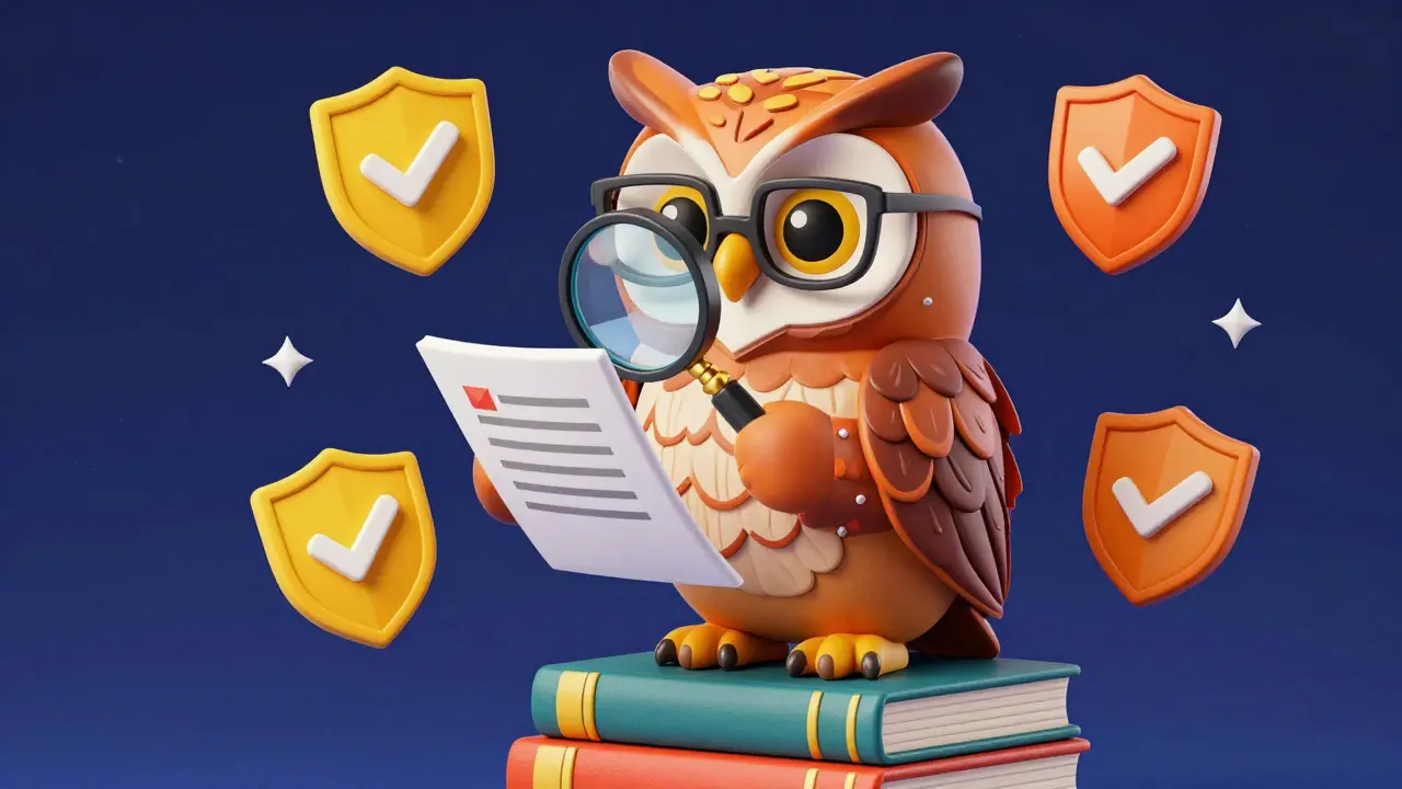 Alebrije owl inspecting documents with a magnifying glass, symbolizing prescription verification.
