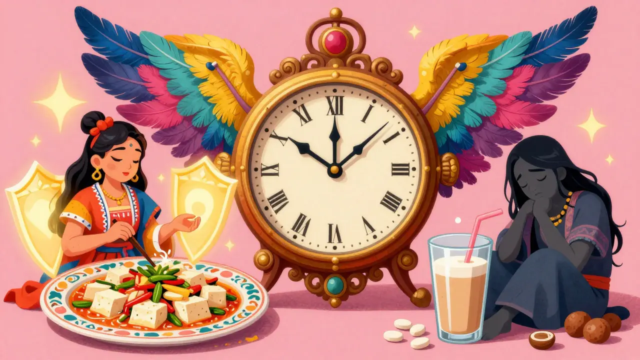 Alebrije style image showing a winged clock separating healthy soy meals from thyroid medication timing.