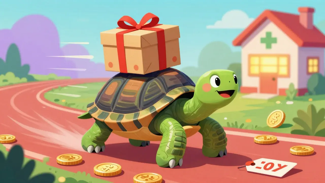 Alebrije tortoise carrying a package on a path of coins, representing affordable medication delivery.