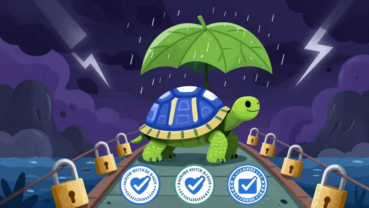 Alebrije tortoise crossing a secure bridge over storm clouds avoiding scams
