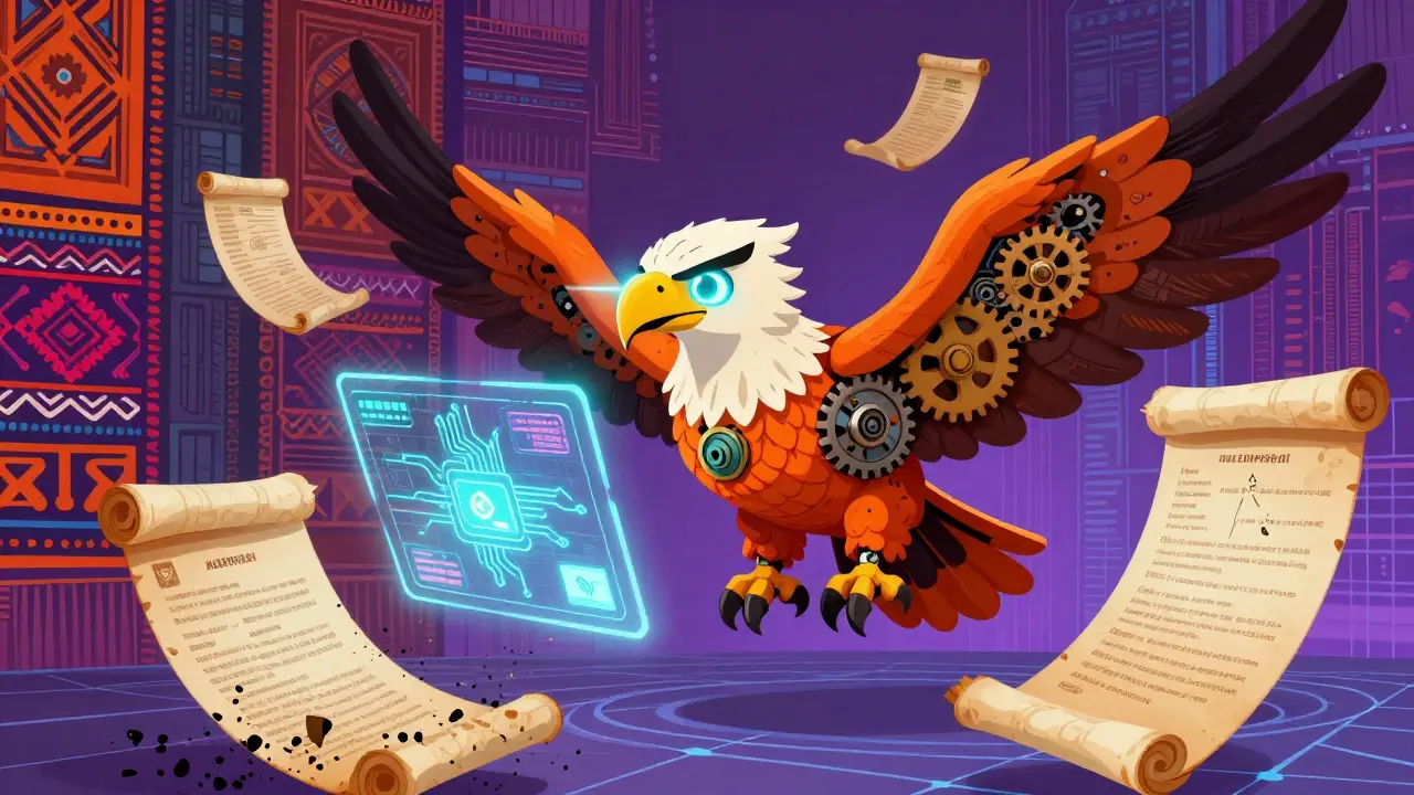An AI-powered alebrije eagle analyzing digital patents in a vibrant illustration