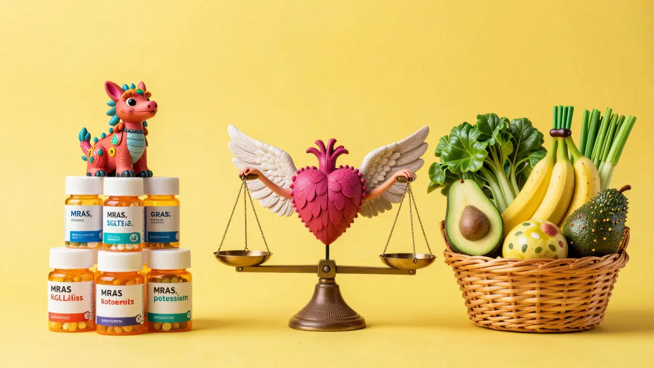 Balanced scale holding medicinal beasts and potassium-rich fruits in vibrant colors