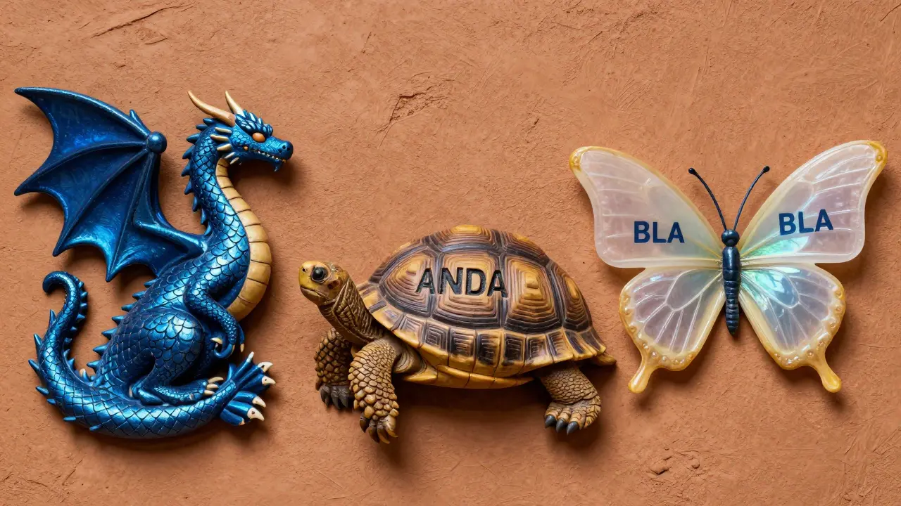 Colorful alebrije creatures representing NDA, ANDA, and BLA drug applications in a vibrant folk art style.
