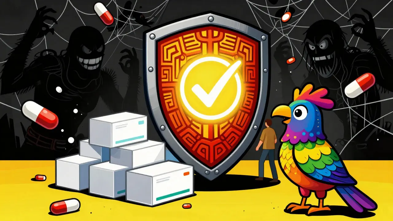 Colorful Alebrije shield protecting medicine from shadowy scam monsters in vibrant folk art style