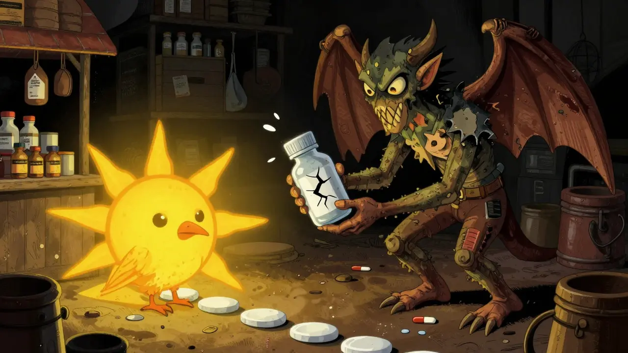 Dark alebrije figure offering unsafe pills while a bright guardian bird illuminates the safe path.