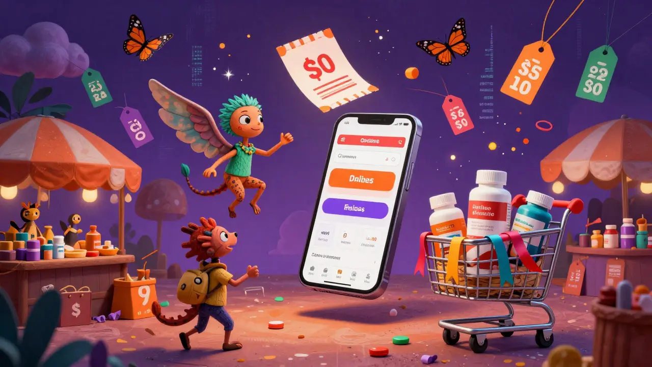 Fantastical alebrijes representing apps and coupons in a magical marketplace