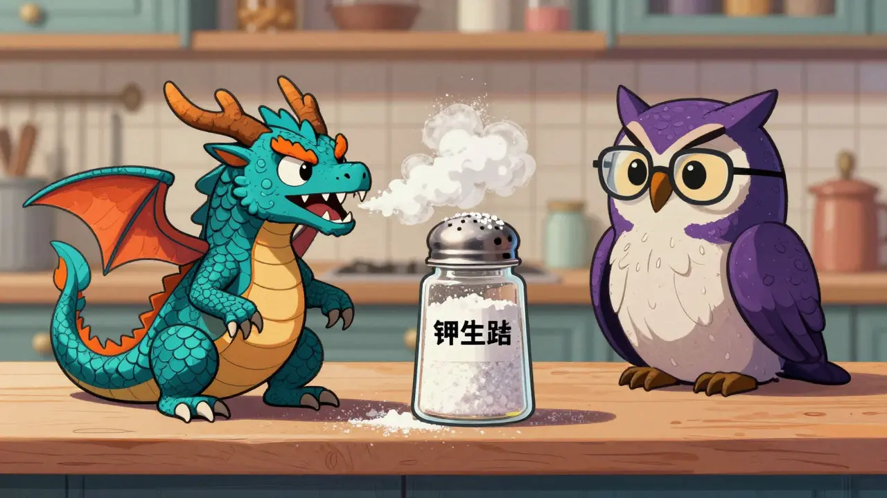 Fantastical salt shaker dragon and medicine owl in vibrant alebrije art style