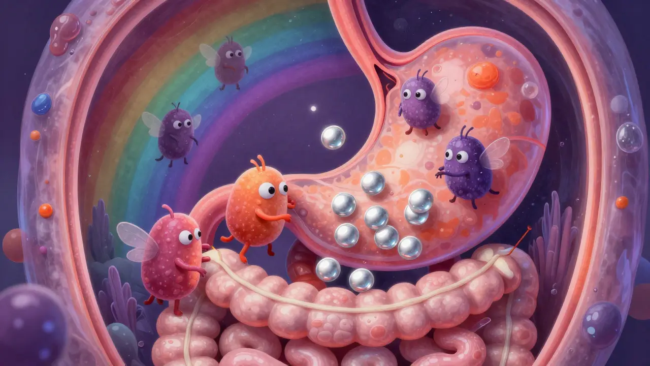 Fantasy Alebrije illustration of isoflavone creatures trapping thyroid pills inside a colorful stomach.