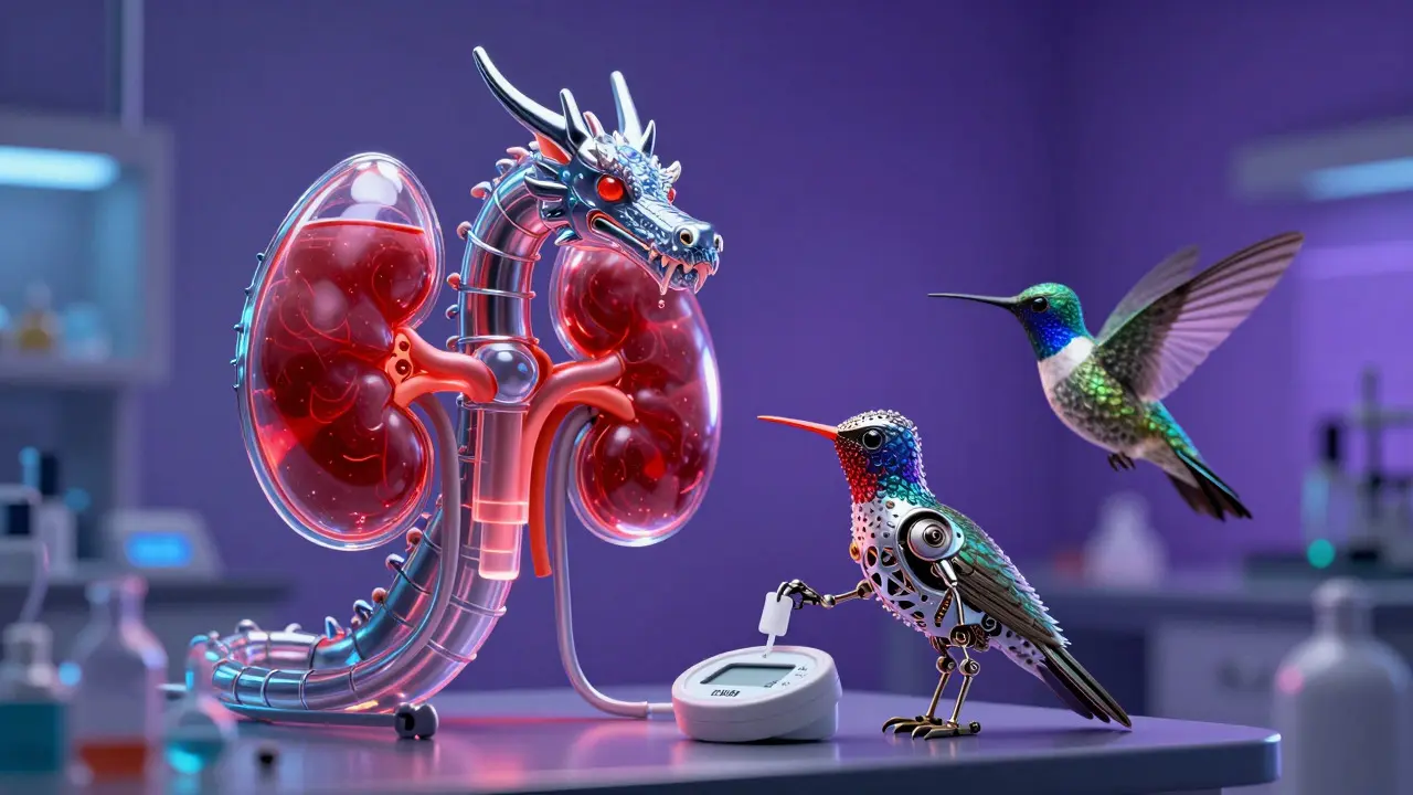 Fantasy lab scene showing kidney filtration and drug monitoring