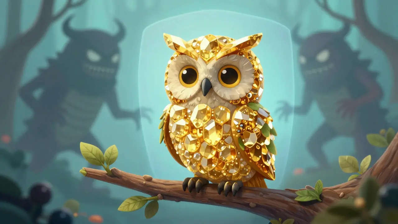 Golden Vitamin D owl creature offering safe immune balance