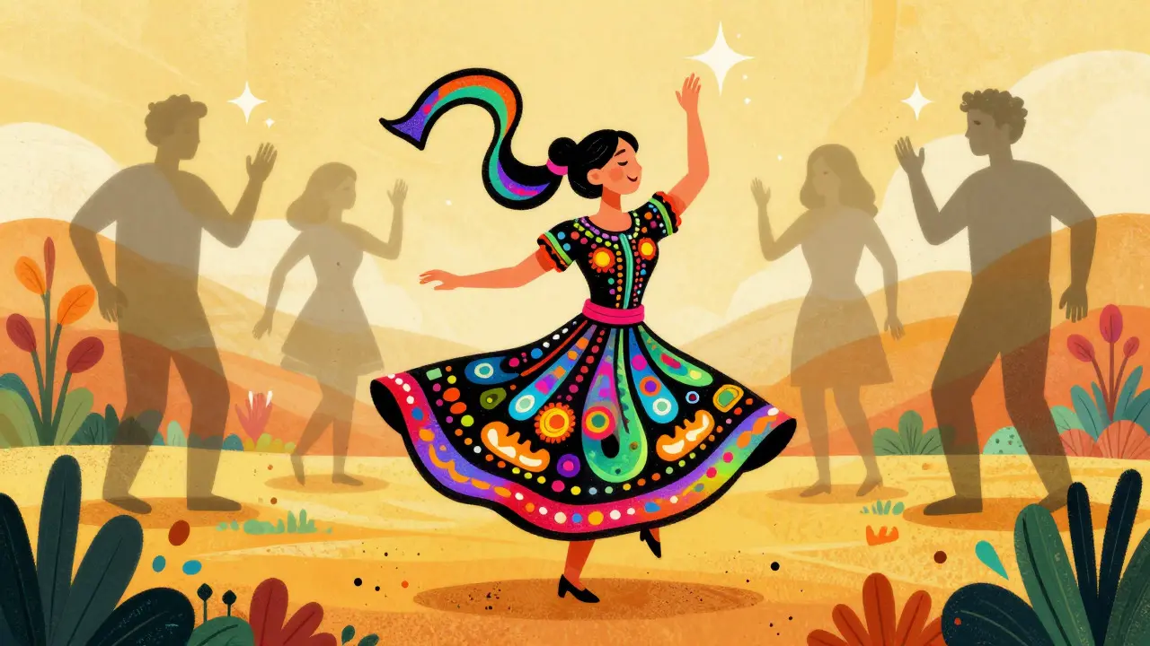 Joyful dancing figure with dissolving grey shadows in bright alebrije art.
