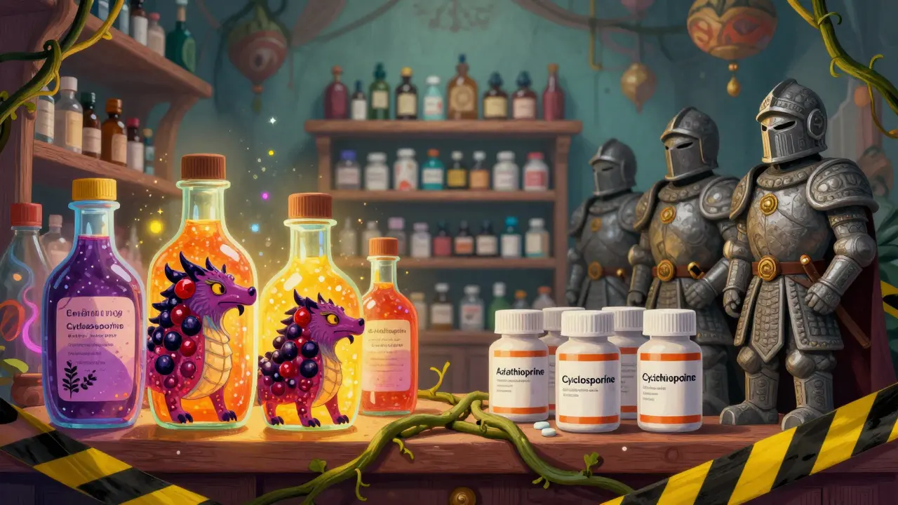 Magical elderberry bottles separated from guarded medicine pills