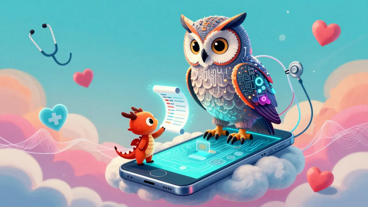 Mythical owl with tech feathers handing a holographic prescription to a small dragon in Alebrije style