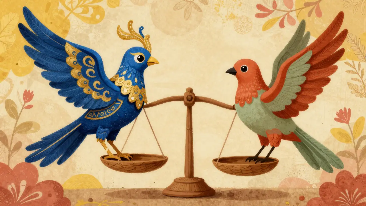 Two identical alebrije birds on a scale representing generic vs brand medicine