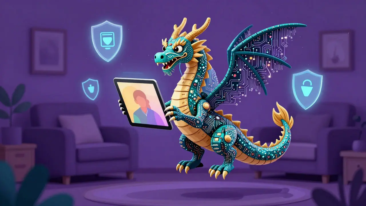 Whimsical alebrije dragon facilitating a safe, symbolic telehealth video consultation.