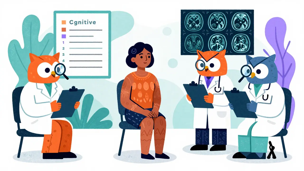 Whimsical doctors examining a patient in vibrant alebrije folk art style.