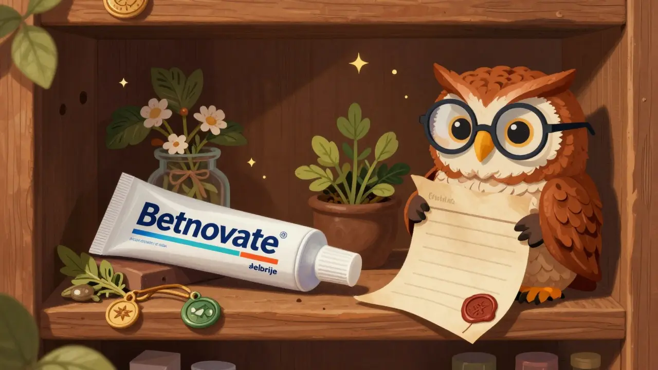 Wise alebrije owl beside prescription cream in a magical apothecary
