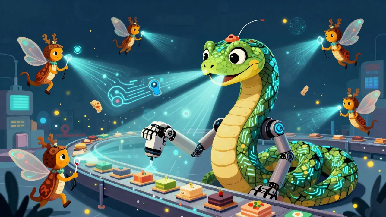 A hybrid robotic-serpent alebrije scanning products with light beams in a high-tech setting.