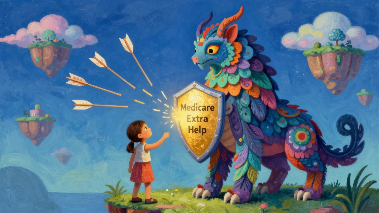 A large colorful mythical beast protecting a smaller figure with a glowing shield in an alebrije art style fantasy landscape