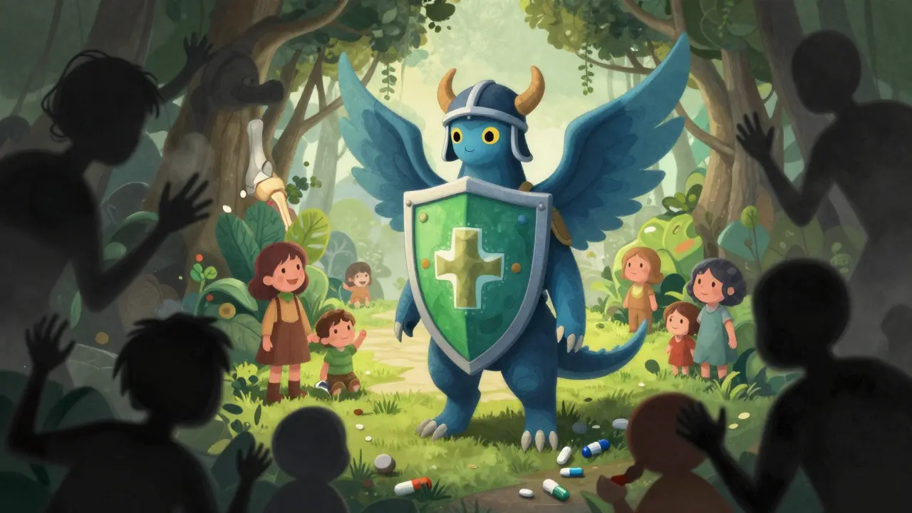 A protective alebrije guardian shielding a path from dark shadows, symbolizing safe online pharmacy shopping