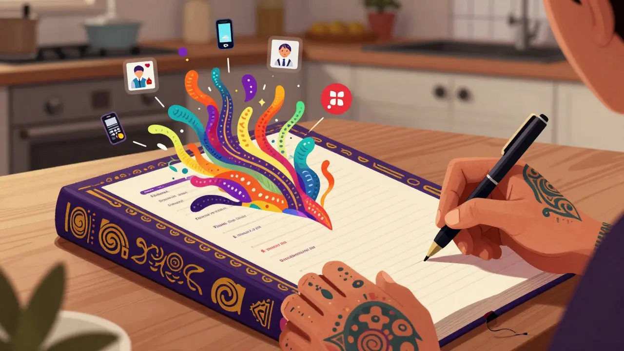 Alebrije art style depiction of hands writing in a medical logbook with floating contact icons
