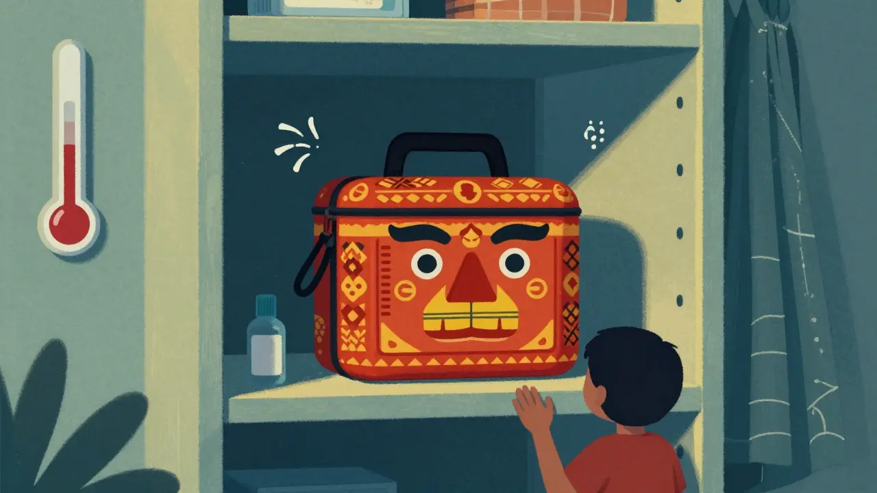 Alebrije art style image of a secure medicine cabinet on a high shelf with a watching creature