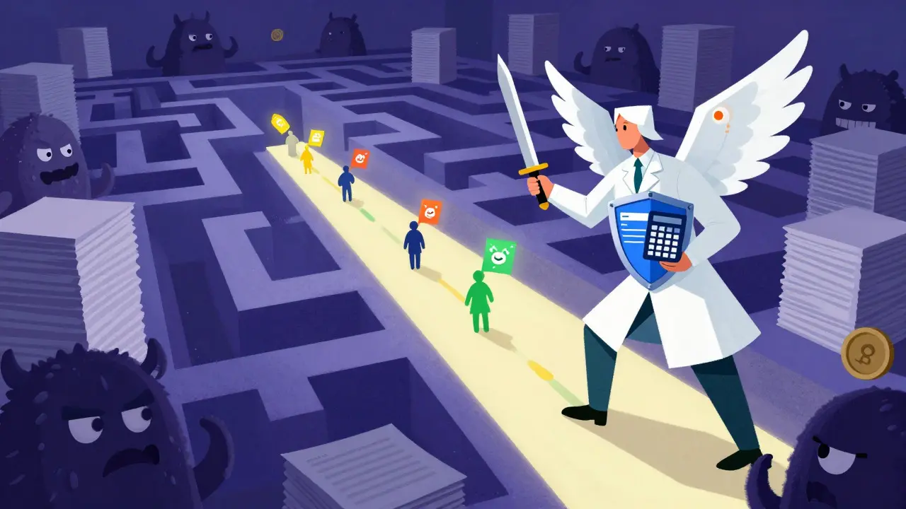 Alebrije pharmacist battling insurance hurdles with a shield and calculator sword