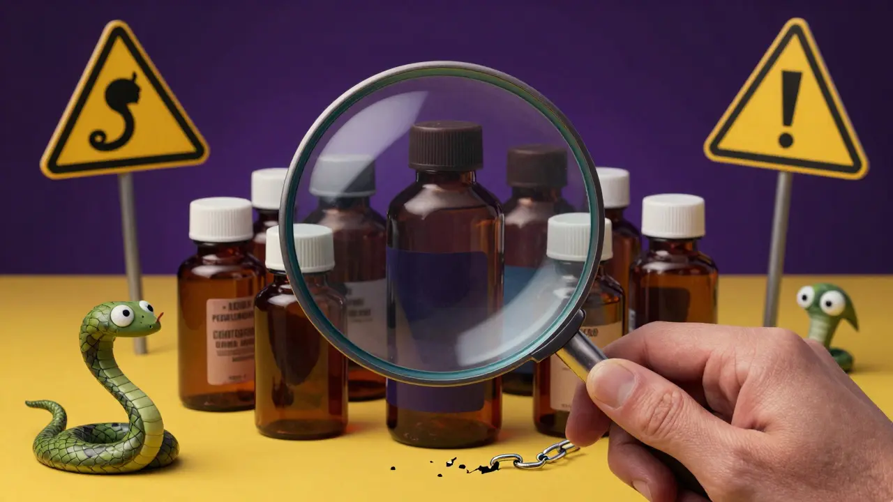 Alebrije-style image of a giant hand using a magnifying glass to inspect suspicious medicine bottles surrounded by warning creatures
