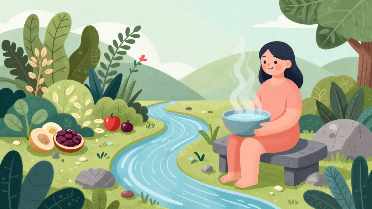 Alebrije style scene of a person relaxing by a stream surrounded by healthy plants