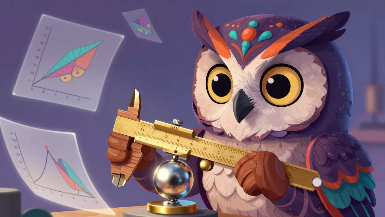 An ornate owl-alebrije inspector using golden calipers to measure a sphere amidst floating data.