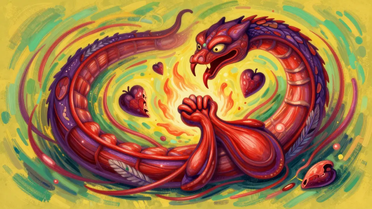 Colorful Alebrije illustration of a clenched muscle cycle with swirling energy