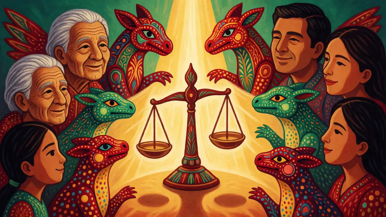 Diverse alebrijes balancing around a scale representing inclusive bioequivalence