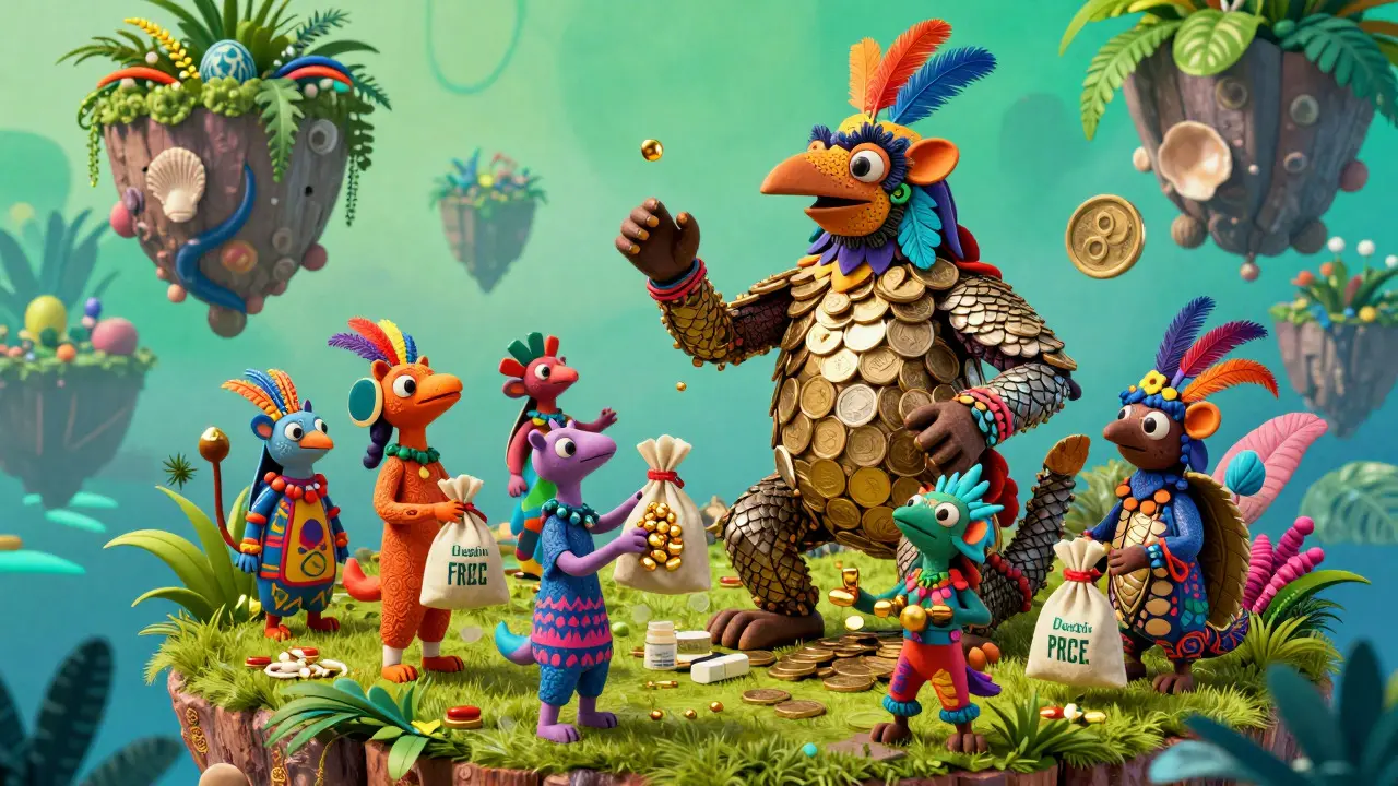 Fantastical alebrije creatures illustrating the cost difference between brand-name and generic drugs