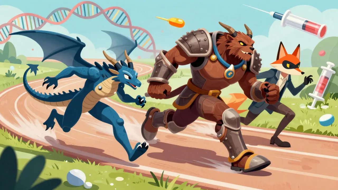 Fantastical creatures racing on a medical-themed track, depicting generic drug market competition.