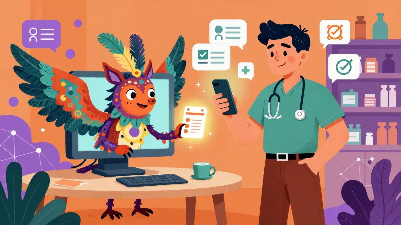 Fantasy computer character handing prescription to man in vibrant Alebrije illustration style