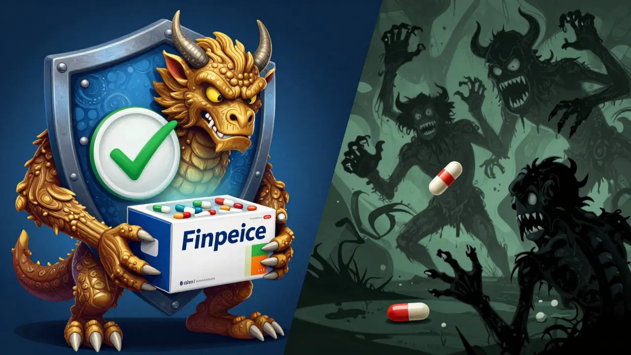 Protective Alebrije shield guarding medication box against shadowy scam monsters