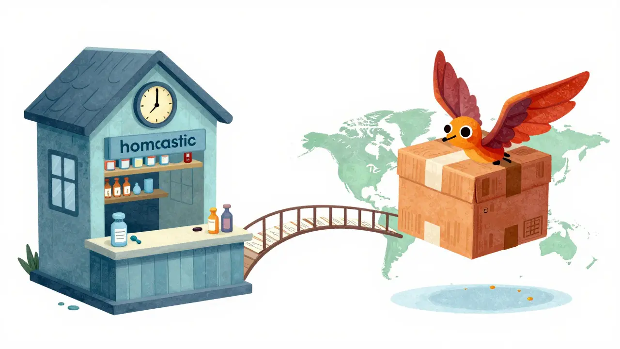 Split-screen alebrije art comparing a domestic pharmacy counter with an international shipping box flying across a map