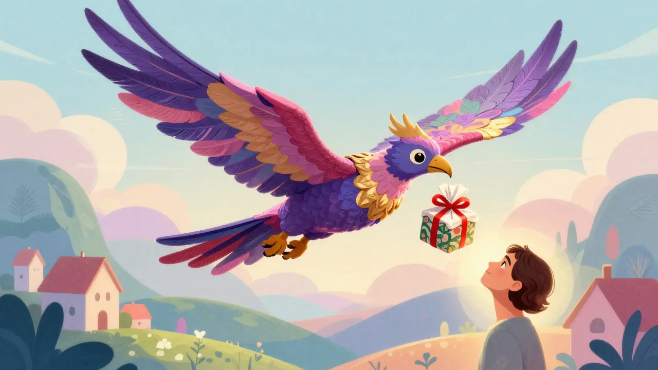 Vibrant Alebrike bird delivering a medical package over a dreamy landscape