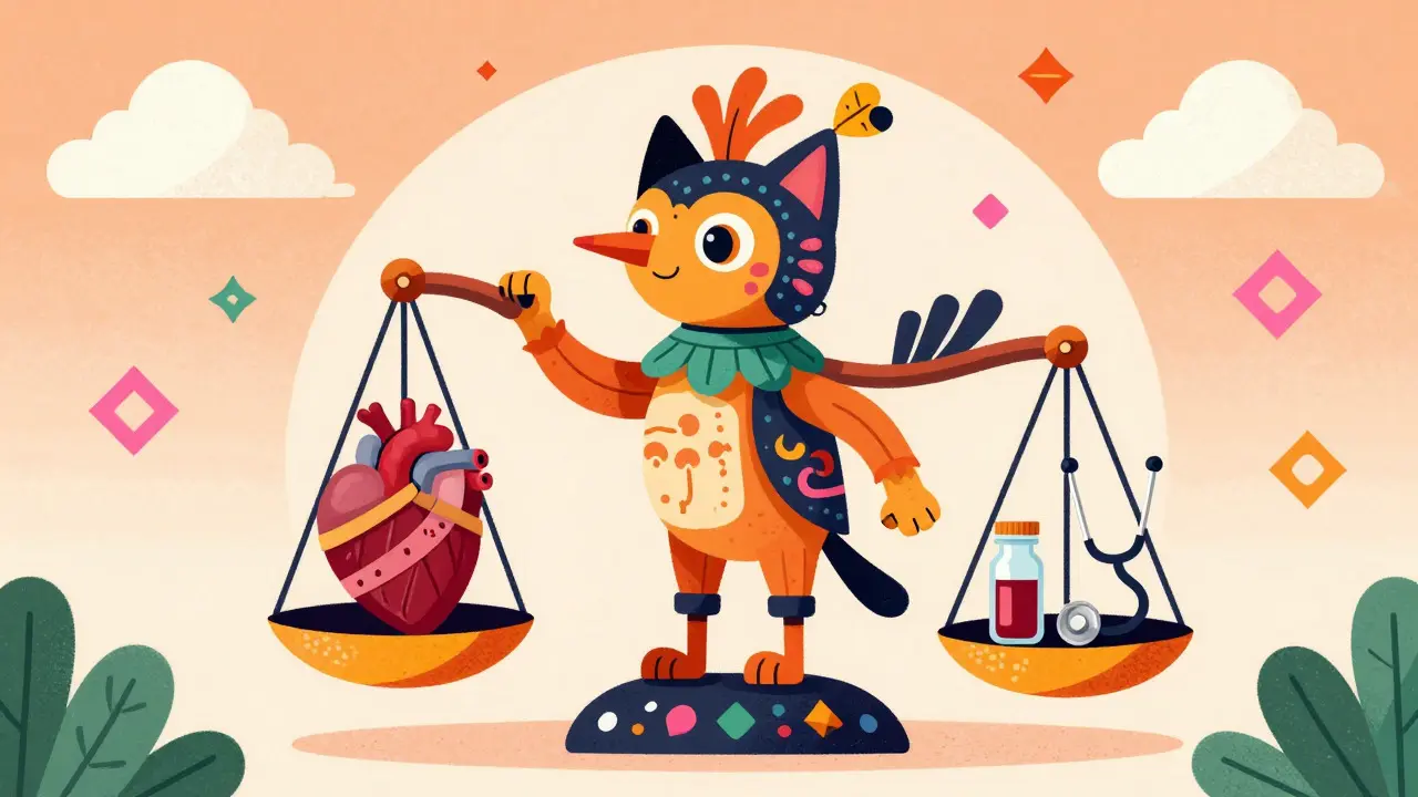 Whimsical alebrije balancing a heart and medical tools on a scale, illustrating safety monitoring