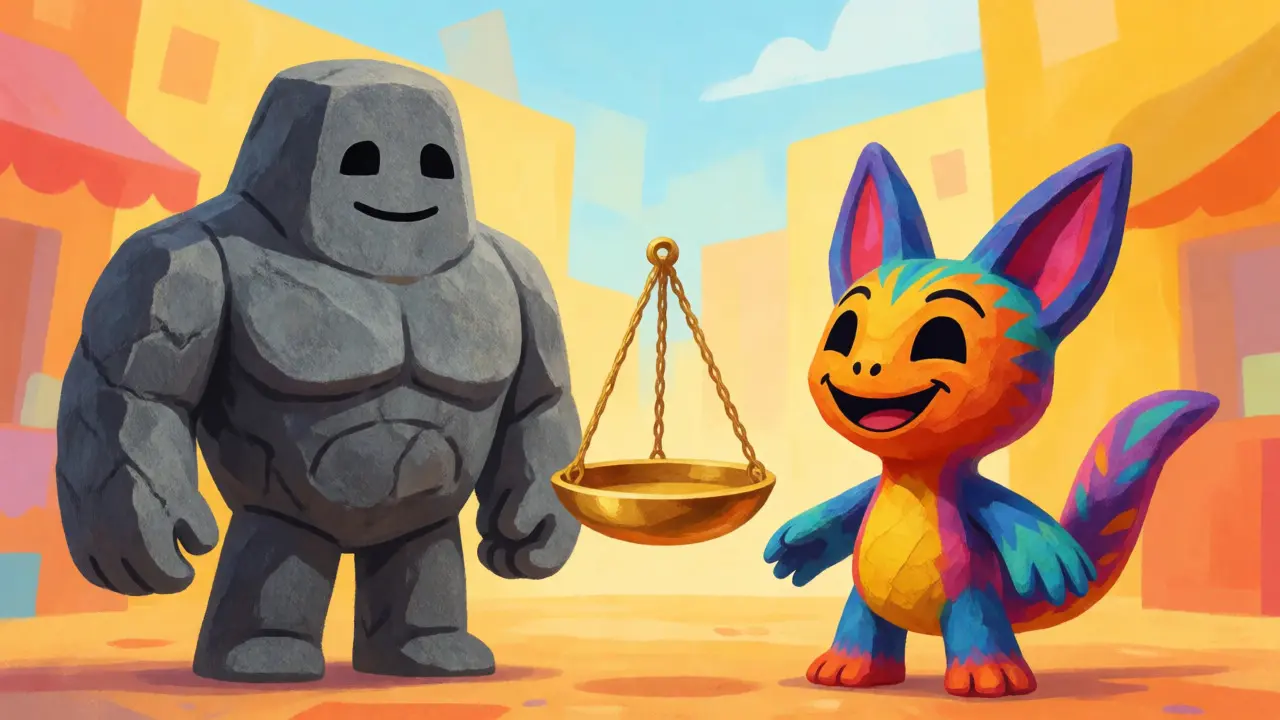 A gray stone figure versus a colorful folk-art creature on a balance scale.