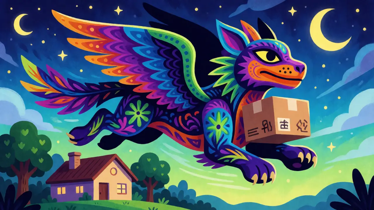 A winged folk-art creature carrying a package through a starry night sky.